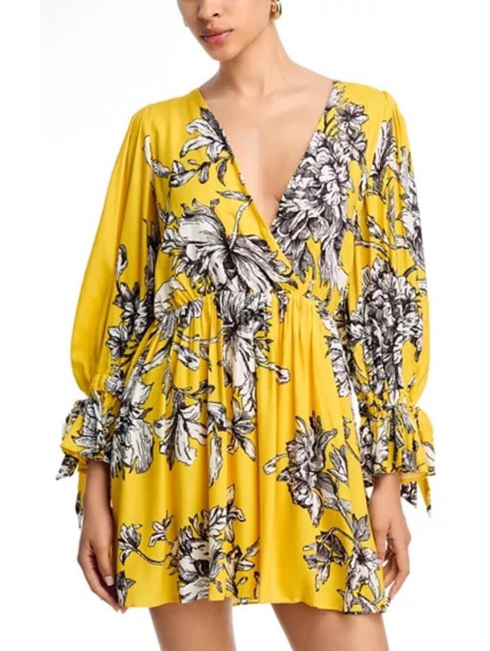 New Alice And Olivia Clarissa Deep V Mini Dress In Blooming Wild Gold Sz 6 $550